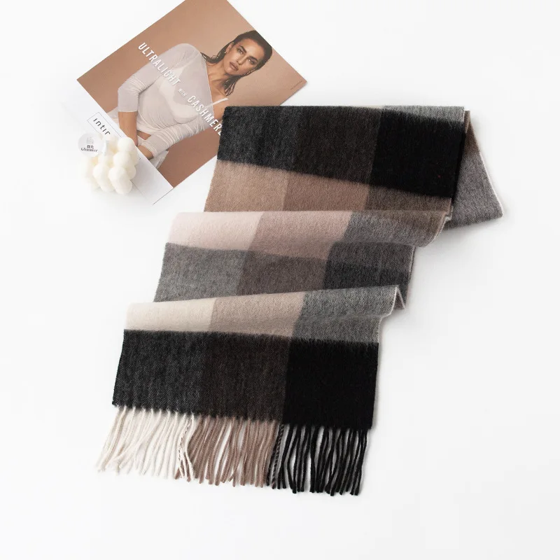 Thickened Autumn and Winter Plaid 100% Wool Scarf with Womens High End Feel Tassel Fashion Warm Scarf Comfortable Shawl