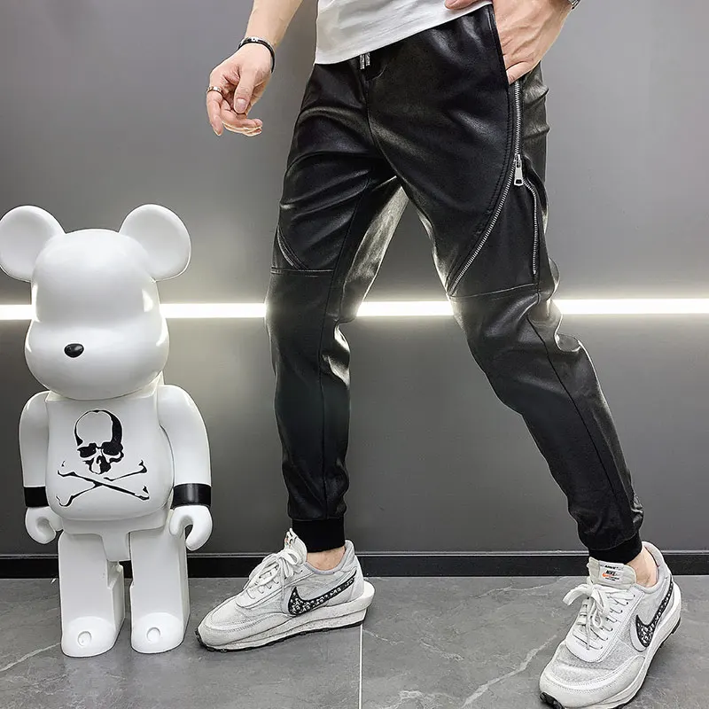 Hot 2023 new men's pu leather straight pants motorcycle casual skinny trousers Black size 28-36 A106