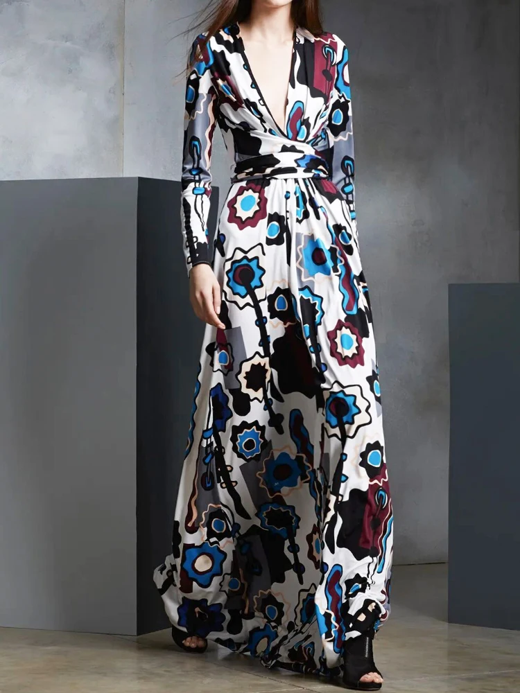 

Women's Dress 2023 New Printed V-Neck Long-Sleeved Temperament Slim Waist Collection Lace-Up Long Dress Free Shipping