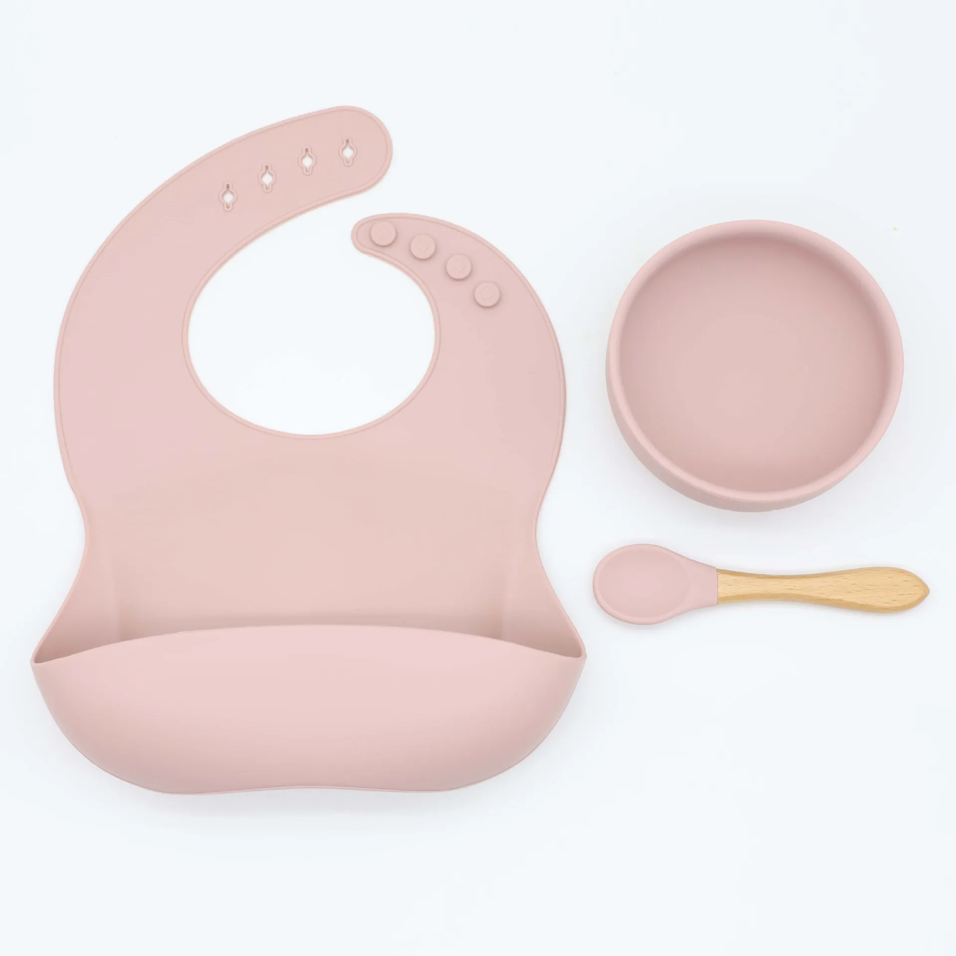 Silicone bib ventosa tigela redonda lidar com colher de madeira conjunto treinamento alimentar complementar conjunto de utensílios de mesa de