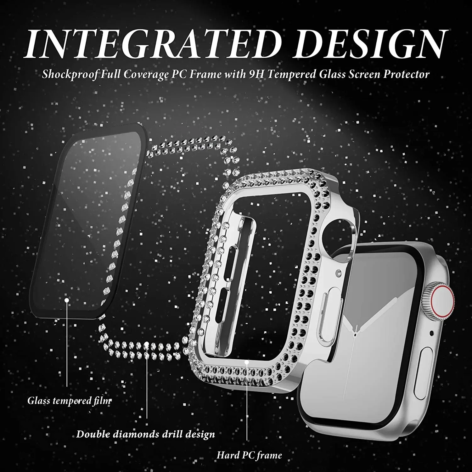 Capa de Vidro e Diamante para Apple Watch, Bling Bumper Protector, Case para iWatch Series 9, 3, 5, 6, 7, 8, SE, 40mm, 44mm, 41mm, 45 milímetros, 38 milímetros, 42 milímetros