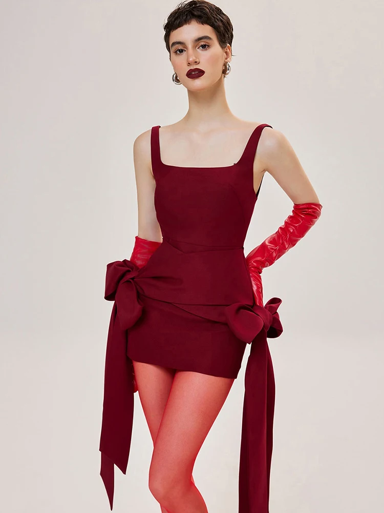 Weird Puss Christmas Dress Women Cross Bandage Side Bow Ribbon Classic  Simple Peach Hip Stretch Birthday Party Clubwear Bodycon