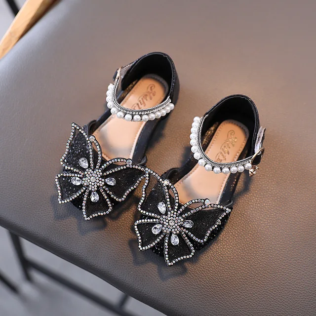 Summer Girls Sandals Fashion Sequins Rhinestone Bow Girls Princess Shoes Baby Girl Shoes Flat Heel Sandals Size 21-35 SHS104 SHS104Black