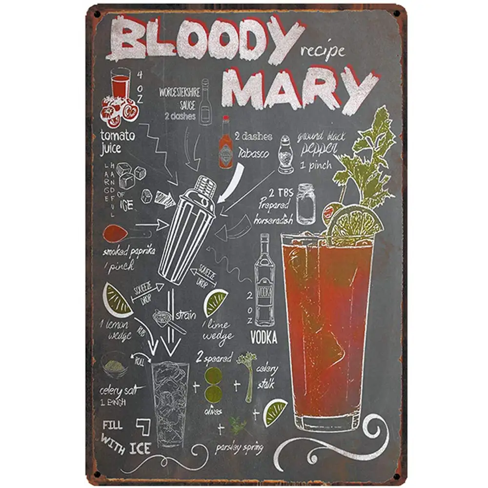 

Vintage Design Comic Style Bloody Mary Cocktail Recipe Tin Metal Signs Wall Art | Thick Tinplate Print Poster Wall Decoration f