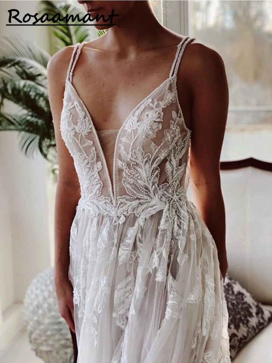 

Винтажное свадебное платье с V-образным вырезом, Кружевная аппликация, на бретельках, свадебное платье со шлейфом, свадебное платье в стиле богема, с пуговицами на спине, платье невесты