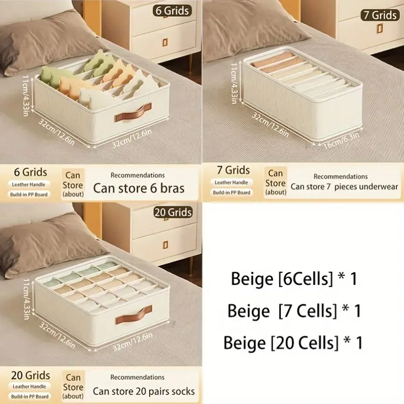 1pc Beige Foldable Drawer Organizer Stackable Fabric Storage Bin for Socks Underwear Bras Accessories Closet Organizers Storage 2