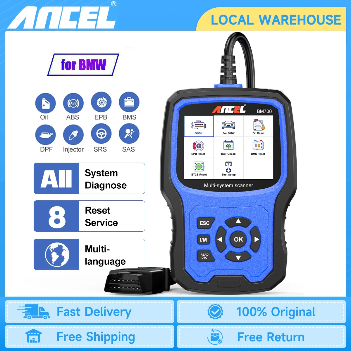 ANCEL BM700 OBD2 Kfz-Scanner für BMW/MINI EPB SAS Airbag TPMS Oil Reset Injector Coding Car Diagnostic Tool Kostenloses Update