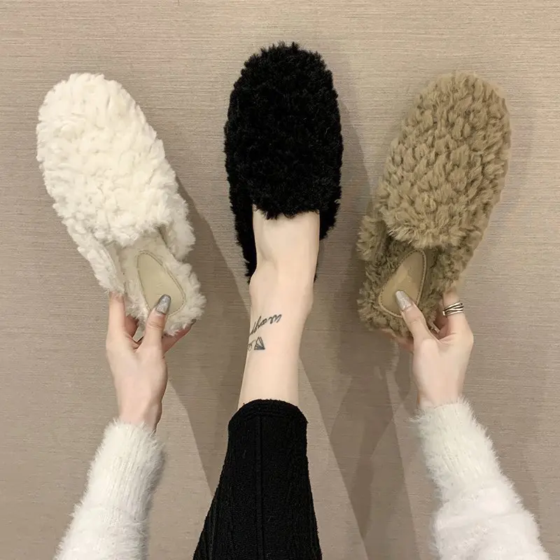 

Net red lamb fur flat-bottomed half-slippers women's autumn and winter wear fashion lazy sandals curly plush mules
