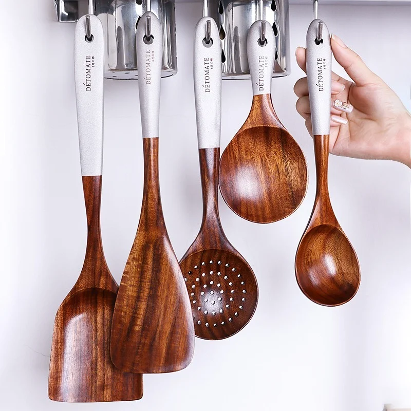 Thailand Teak Natural Wood Tableware Spoon Ladle Turner Long Rice Colander Soup Skimmer Cooking Spoons Scoop Kitchen Tool Set