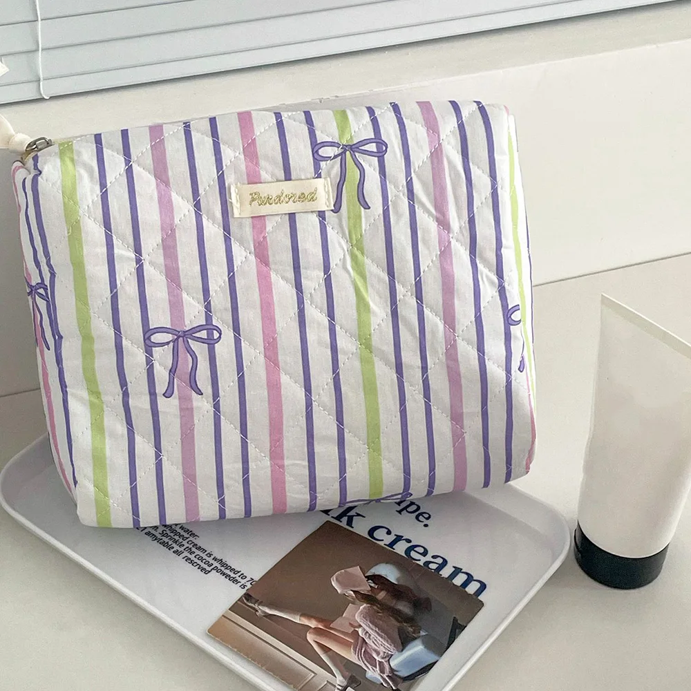 Persönlichkeit Streifen Bowknot Frauen Kosmetik Tasche Tragbare Einfache Quilten Tasche Reise Große Kapazität Make-Up Lagerung Handtasche – Detail 8