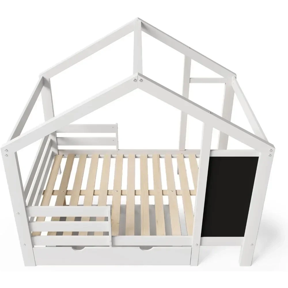 Full Size with Storage Drawers for Kid Bedroom,Solid Wood w/Blackboard Design,Super Save Space & No Box Spring Needed, White 6