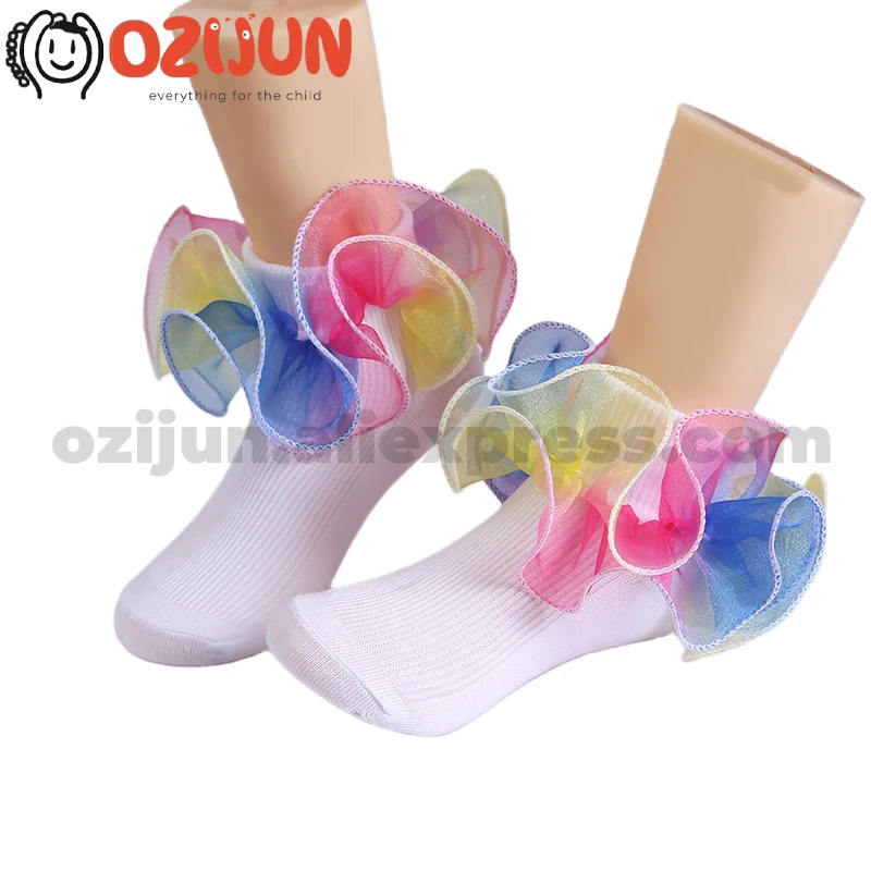 

Wholesale 6 Pairs Rainbow Color Fold-over Socks Pageant Ruffle Tutu White Socks Toddler Girls Full Size for Women Dress Outfit