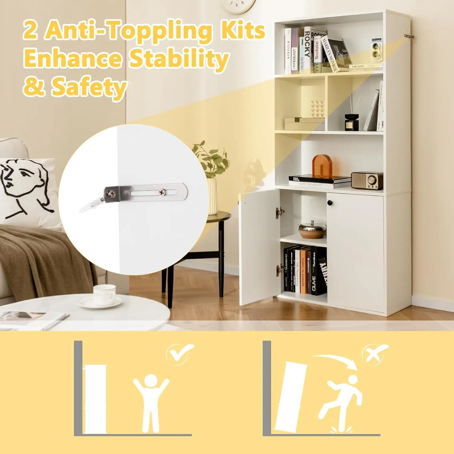 3-Tier Bookcase with Doors, 61" Tall Bookshelf with 4 Open Cubes & Adjustable Shelf, Modern Wood Display Cabinet, 5