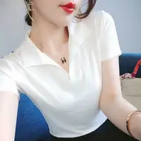 Polo Neck Tee Shirts Woman Trend 2025 Summer Pullover Youth Slim T-Shirt Y2k Plain Original Top Polyester Light Blue Aesthetic - Image 5