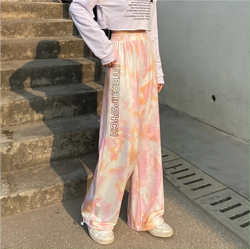 Women's Trousers All-match Elastic High Waist Sports Tie-dyed Loose Straight Leg Trousers Fashion Casual Harajuku Jogging Pants