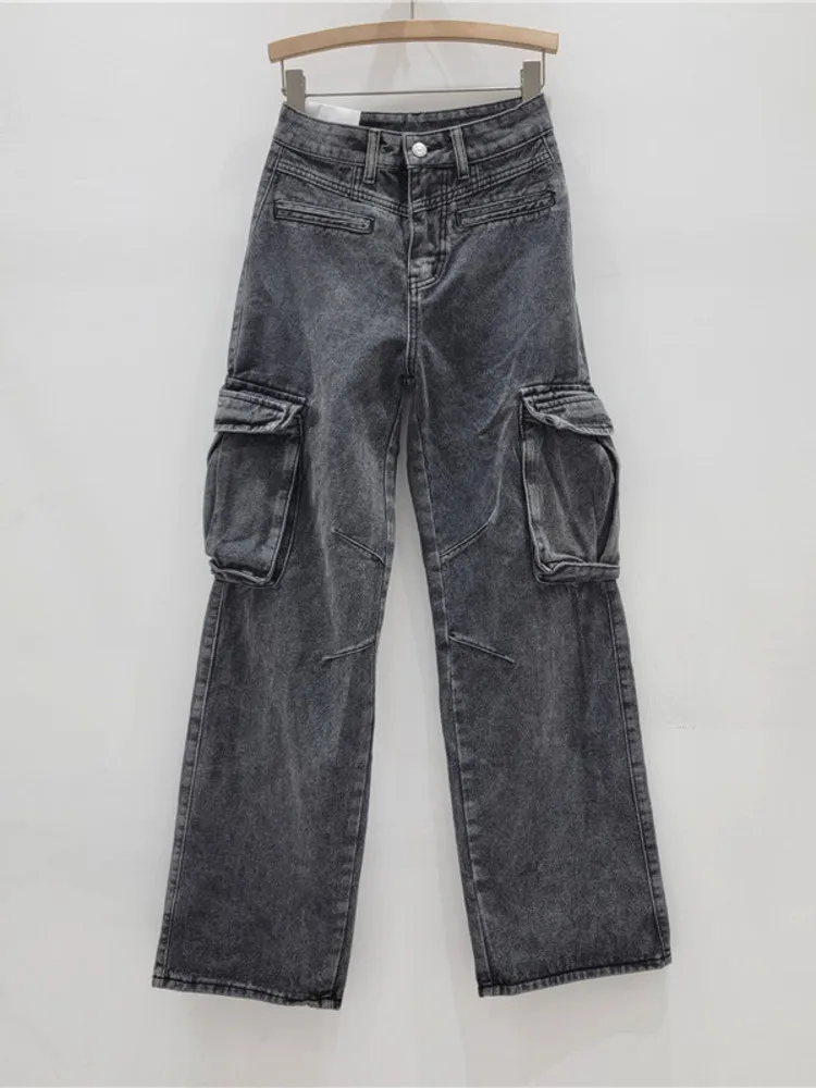 

Корейские шикарные прямые джинсы с высокой талией и несколькими карманами Y2K, Модные свободные синие универсальные брюки для женщин, весна-осень 2024, X746