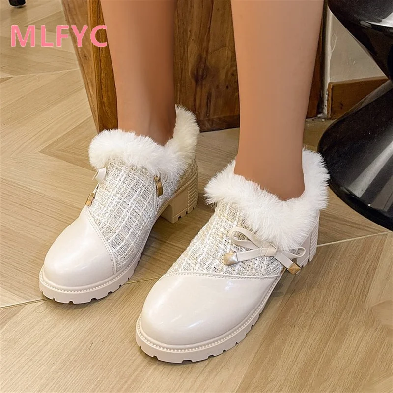 Large size single shoe women's 2023 winter new thick heels female shoes high heels fashion casual plush boots mujer