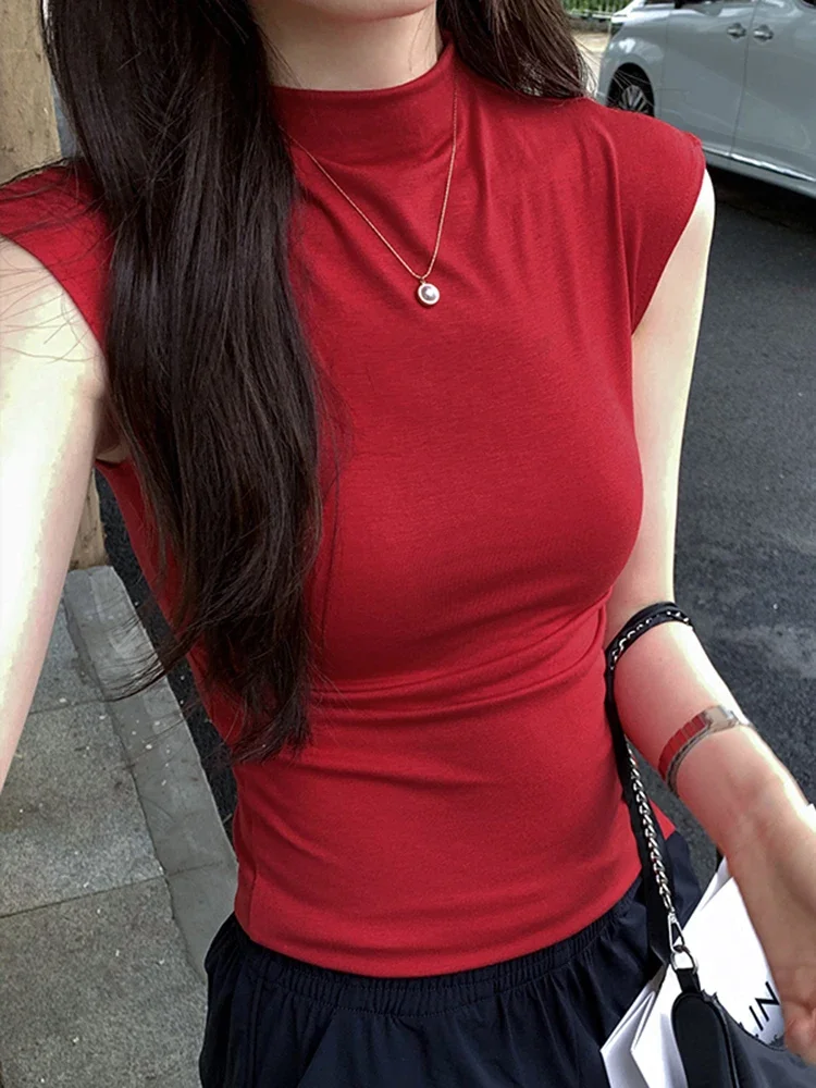 

American Classic High Neck Simple Solid Color Female T-shirts Summer New Vintage High Street Slim Casual Fashion Women Clothes