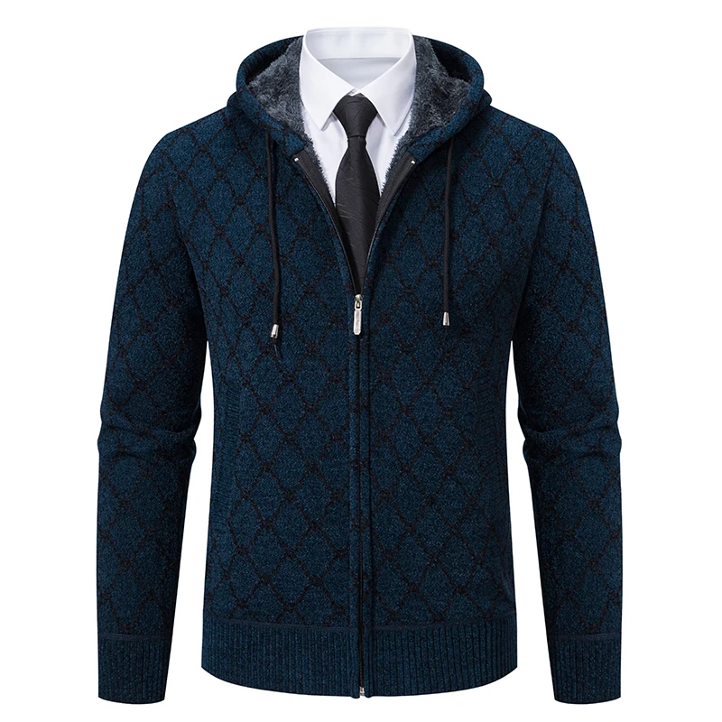 Male Cold Sweater Coat Winter Fleece Jackets Men's Y2K Knit Hoodies Zipper Cardigan with Hood Plaid High Quality Velvet Overcoat