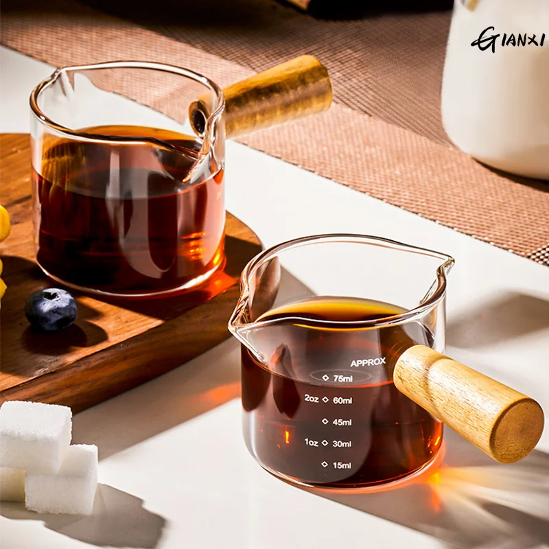 GIANXI Wood Handle Glass Espresso Measuring Cup Single/Double Mouth Milk Jug Coffee Supplies Transparent Kitchen Measure Mug