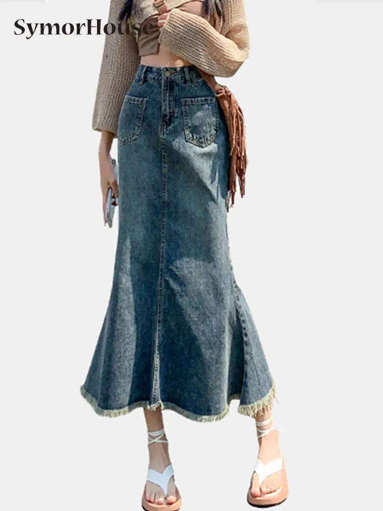 

Spring Summer Autumn High Waist Denim Mermaid Skirt Women Vintage Long Tassel Jean Skirts Korean Style Hip-Wrap Middle Skirts