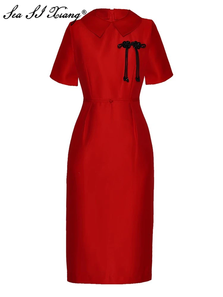 

Seasixiang Fashion Summer Red Pencil Dress Women's Turn-down Collar Short Sleeve Beading Disc Buckle Chinese Style Slit Dresses