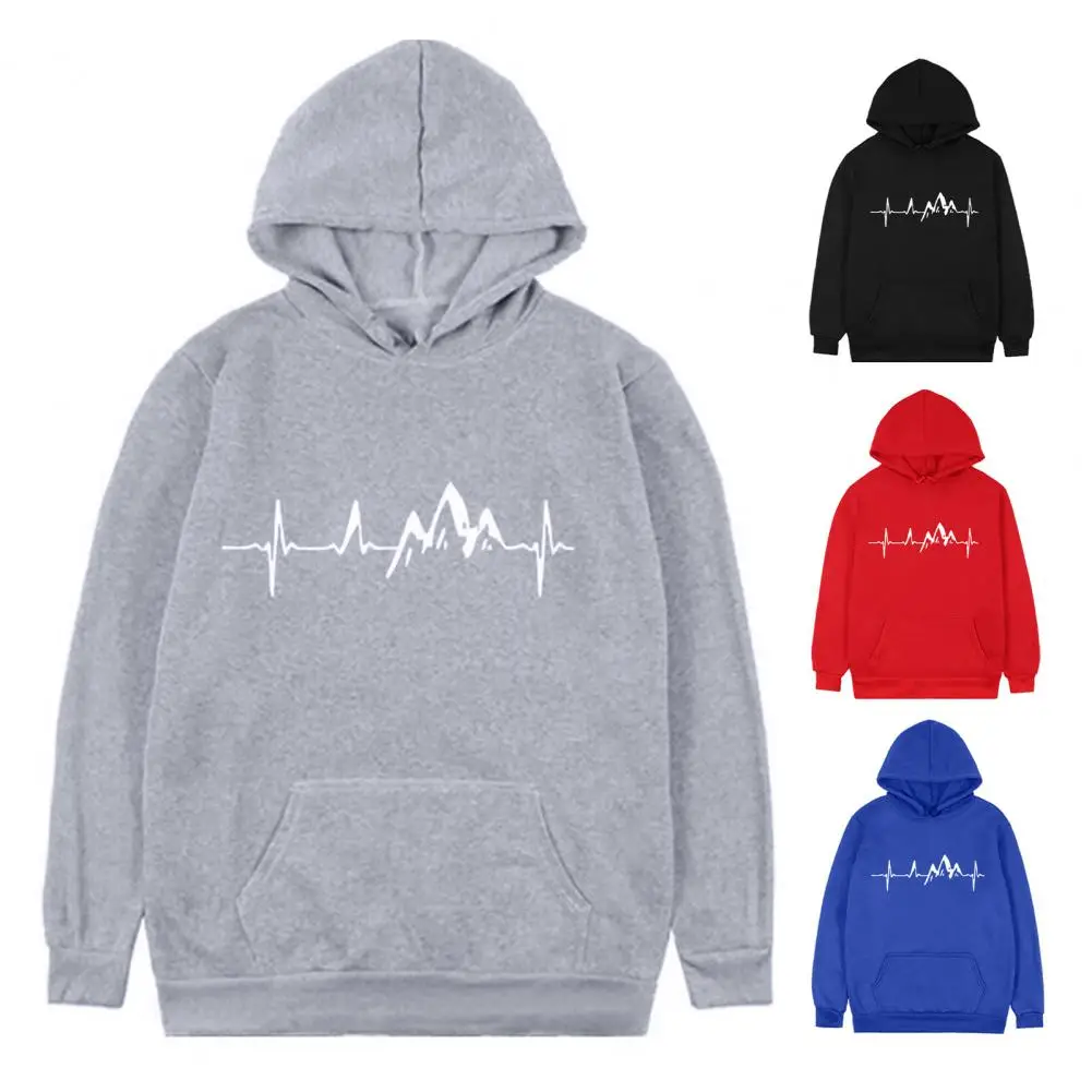 

Breathable Men Hoodie Soft Hoodie Mountain Ekg Print Hoodie Warm Plush Stylish Men's Streetwear Pullover