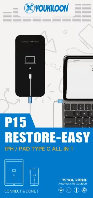 YOUKILOON P15 복구 쉬운 케이블, LPhone 15 15Plus 15Pro Max, 자동 입력 복구 모드 케이블, 충전 데이터 전송 케이블