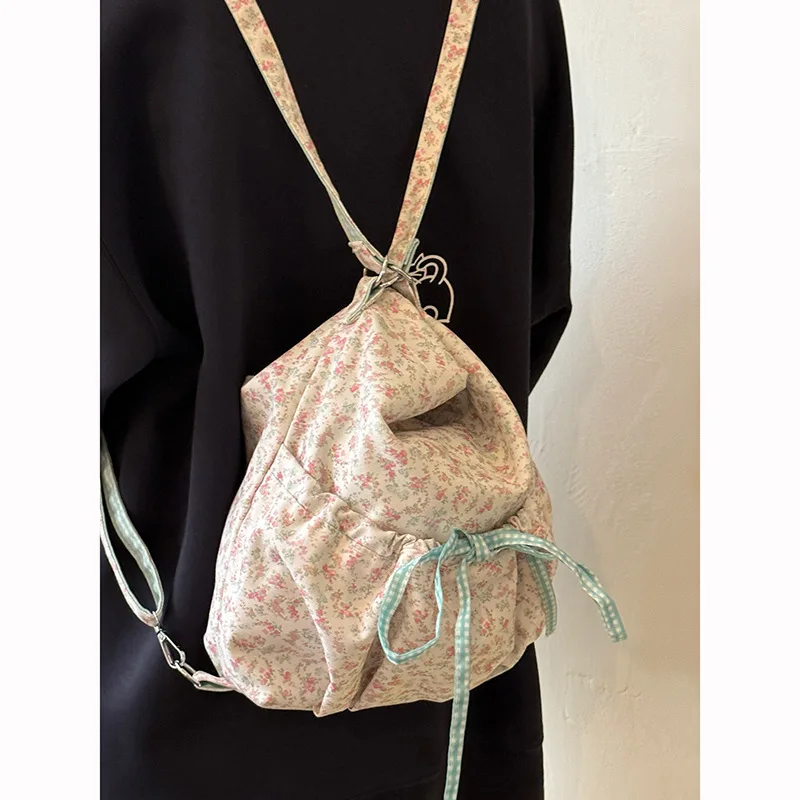 Pink Floral Bow Backpack For Women 2025 New Korean Style Large Capacity Pleated Shoulder Bag, Commuting Bucket Bag