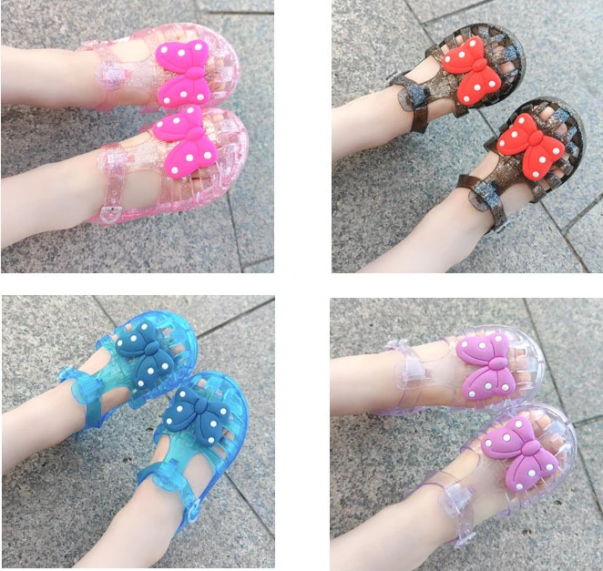 European American Fashion Summer Baby Anti-kick Crystal Jelly Sandals Children's Girls Wave Point Bow Princess Kids Beach Shoes