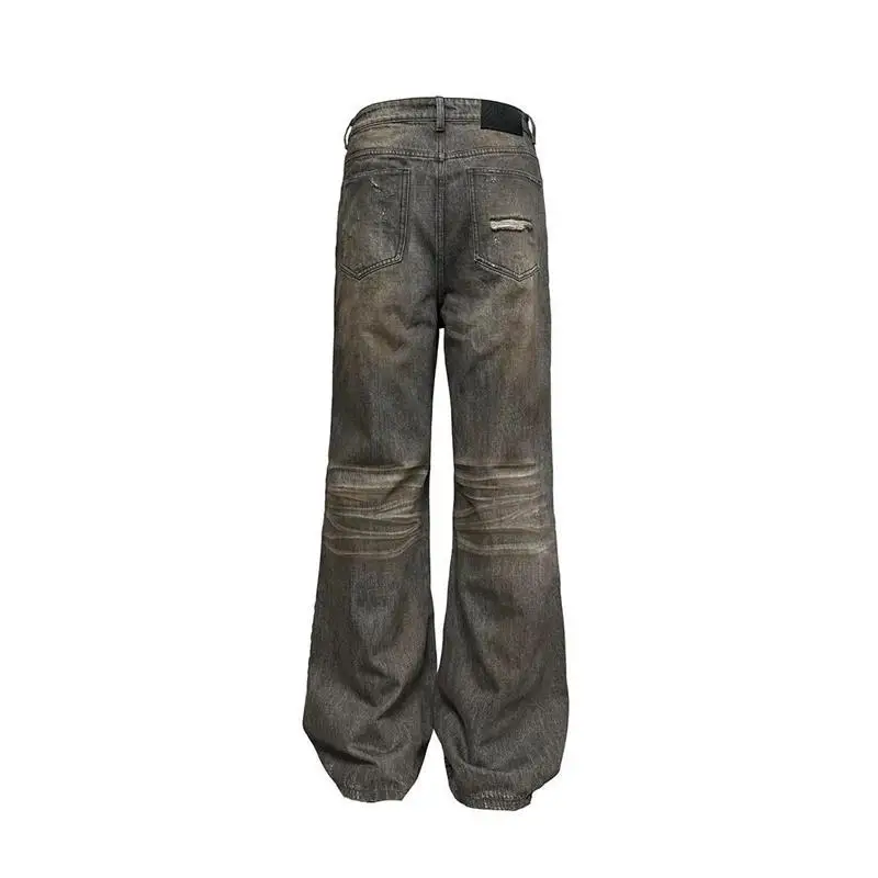Retro American Waed Patchwork Men's Jeans Loose Micro Flared Dyeing Small ence Wide Leg Pants Daily Wear Long Trousers