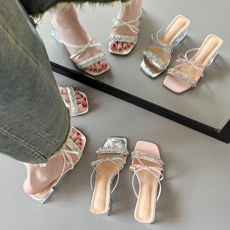 Pearl Bow Slippers 2024 Summer New Outer Wear Slippers Women High Heel Sandals Ladies Stiletto All-match Open Toe Roman Shoes