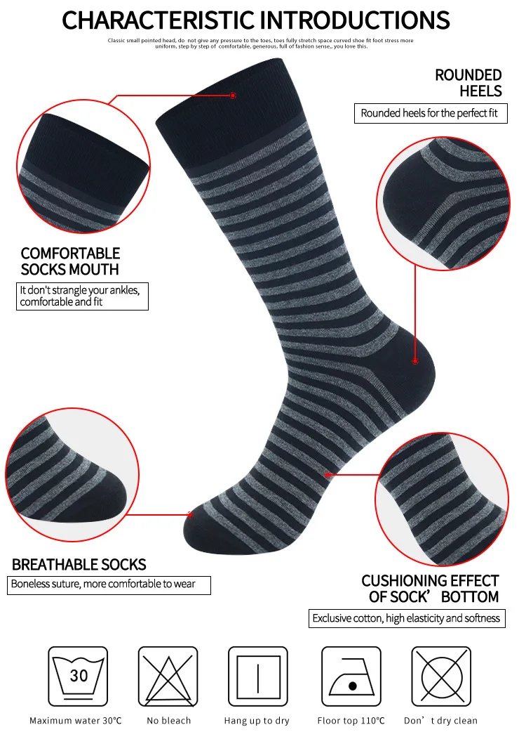 Men's Long Socks Pack - 5 Pairs Striped & Solid Black Cotton Crew Socks | Comfortable Plus Size EU40-47