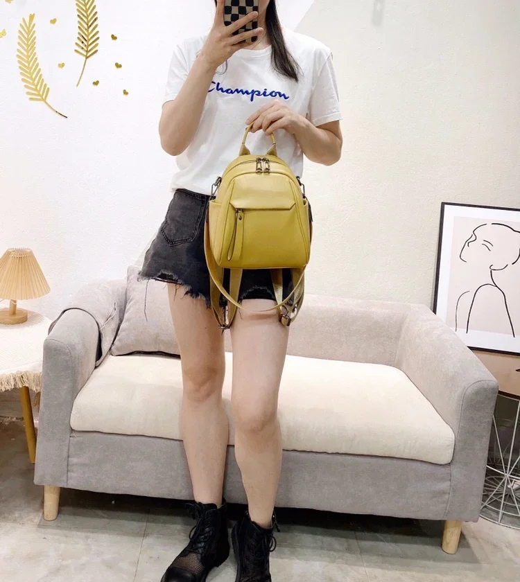 100% Soft Genuine Cow Leather Calfskin Women Backpack 2022 Top Layer Nature Cowhide Dual Function Backpack Yellow Ladies Bagpack 3