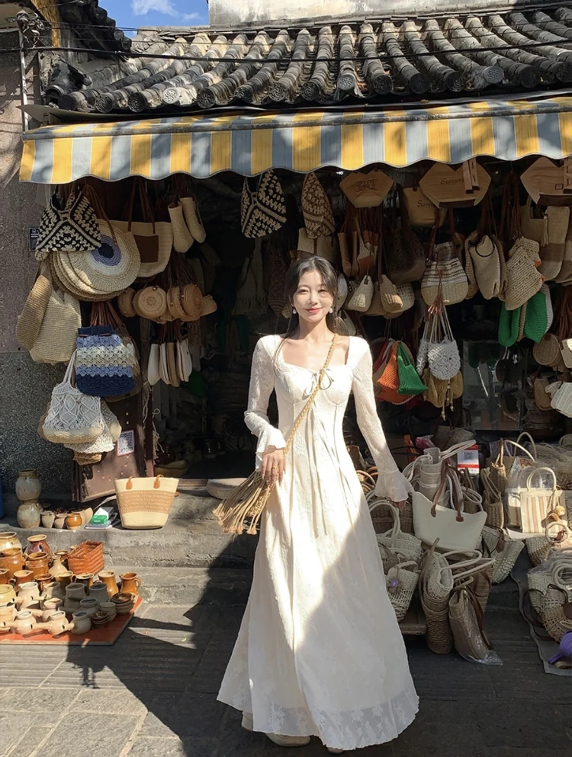 Women's Solid Midi Dress Flare Sleeves Square Collar A-Line Lace Up Autumn Spring French Elegant Vintage Prom Robe Vestidos New