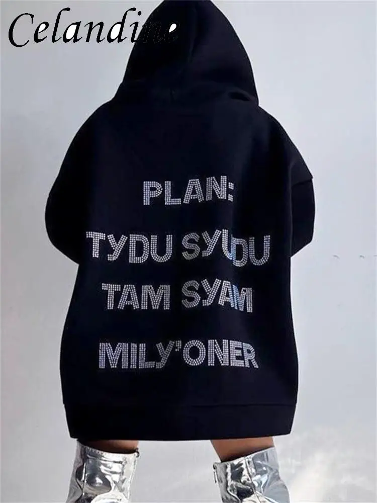 

Celandine Fall Winter Long Sleeve Zipper Letter Hoodies Oversized 2000s Fashion Coats Rhinestone Sweatshirts Women Streetwear