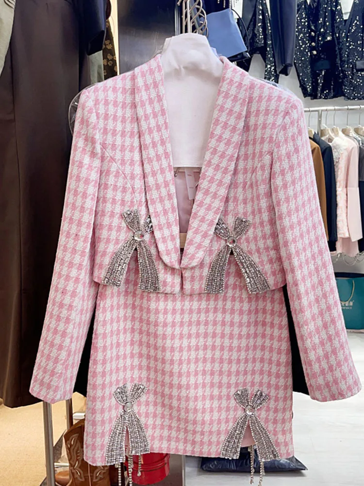 

Осеннее Новое поступление, блейзер в шотландскую клетку с бантом, короткая облегающая юбка, комплект из двух предметов, женские наряды