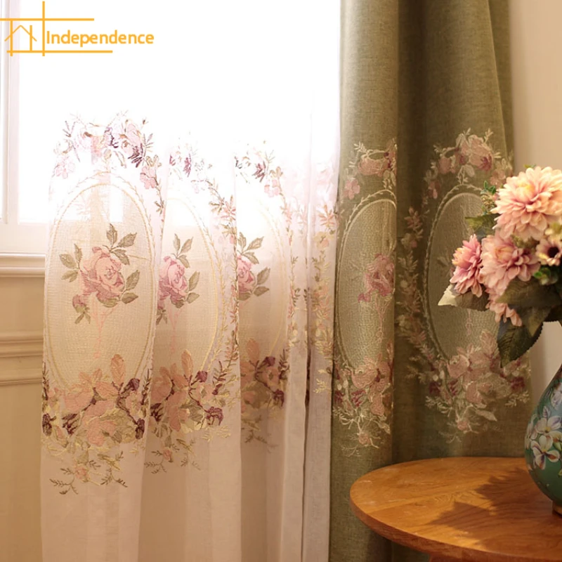 

Rose Embroidered White Yarn Cotton and Linen Curtains for Living Room Bedroom Finished Custom Finished Home Decoration