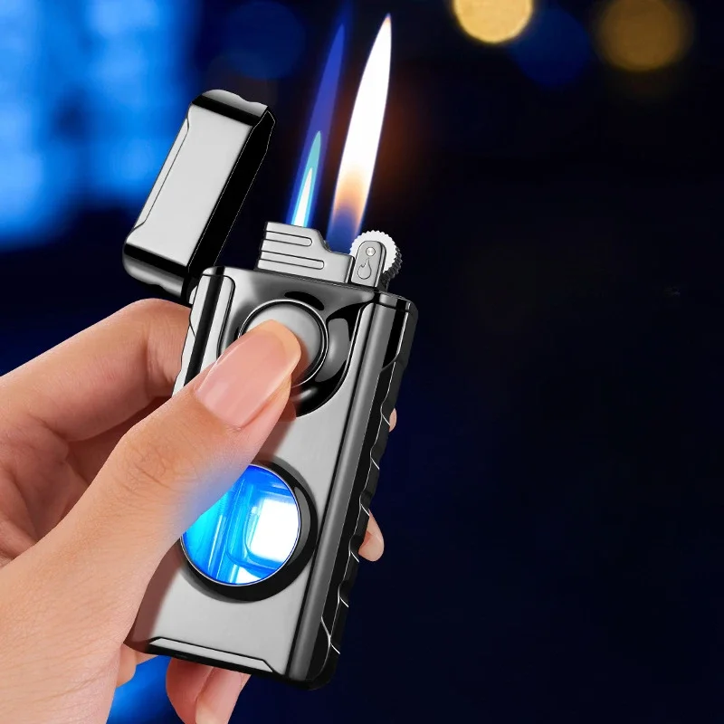 

2023 Double Fire Direct Charge Bright Random Switch Lighter Creative See-through Transom with Blue Light Gas Lighters