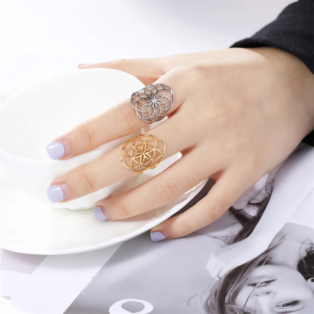 2025 Fashion Style Stainless steel flower of life amulet with hollow Archangel adjustable ring sacred geometry Wicca jewelry for and_voghion.com