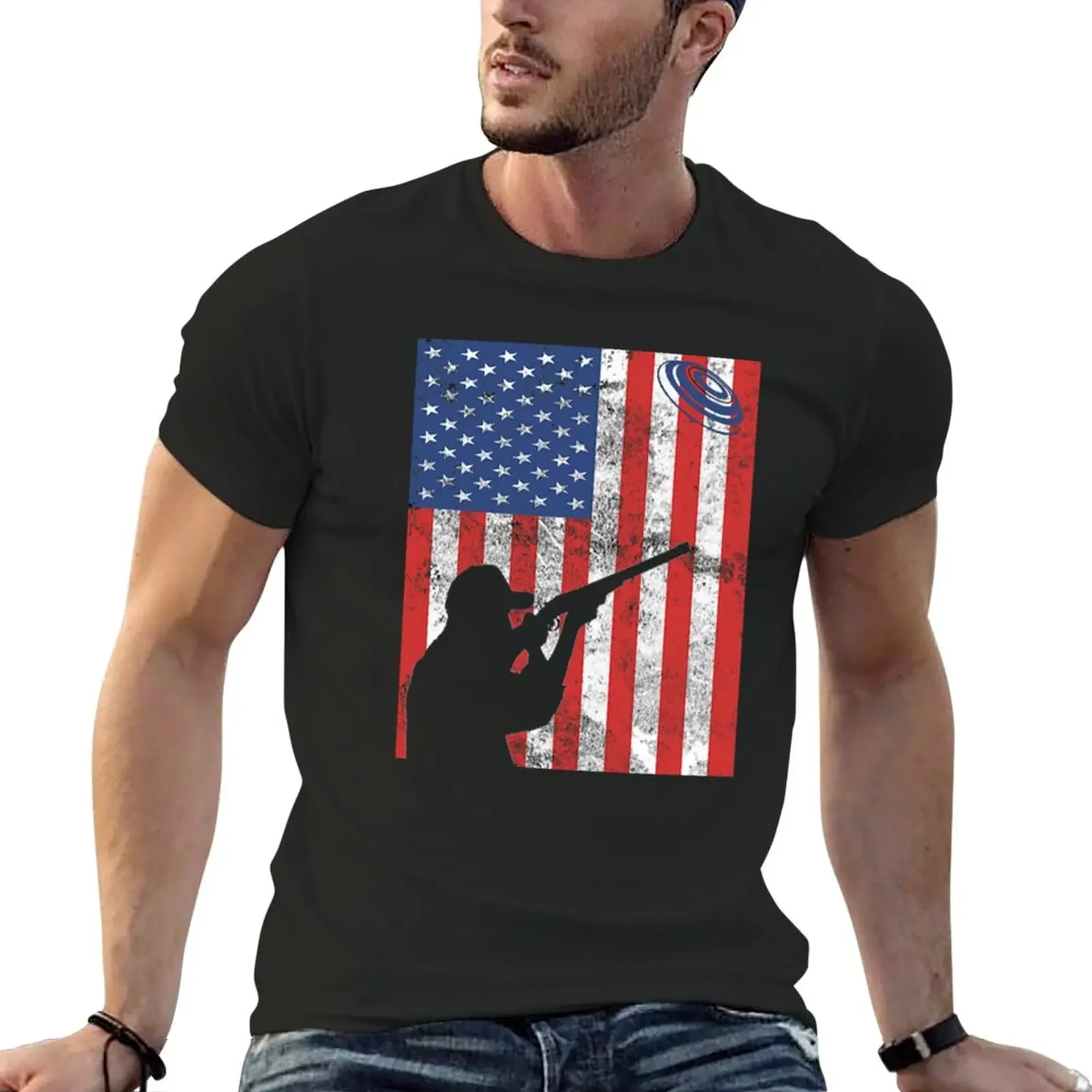 Skeet Clay Shooting Pigeon Trap Bird Hunters Pull! T-Shirt Con Bandiera Degli Stati Uniti Top T-Shirt Nere Da Uomo In Felpa Nera