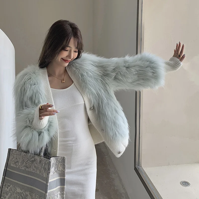 

2023 Fur Coat Women's Winter Korean Fashion Casual V Neck Single Breasted Knit Natural Raccoon Dog Fur Jacket casacas para mujer
