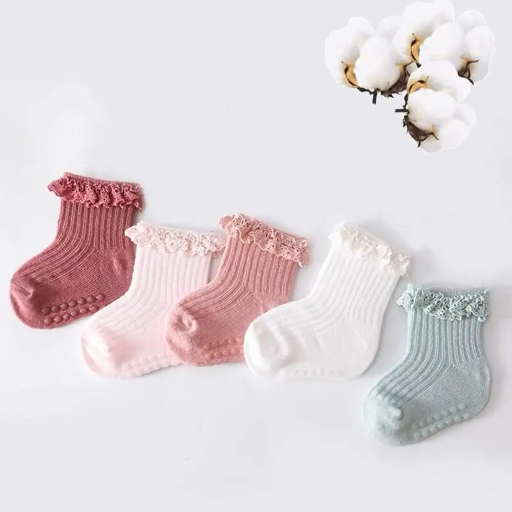 5Pairs Cute Cotton Baby Ruffle Socks Lace Newborn Kids Tube Sock Non-slip Infant Toddle Walking Socks Baby Girl