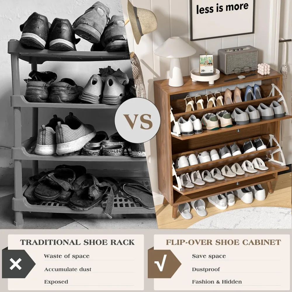 Shoe Storage Cabinet for Entryway with 2 Flip Drawers, Narrow Wood Shoe Cabinet with Fluted Panel, 6
