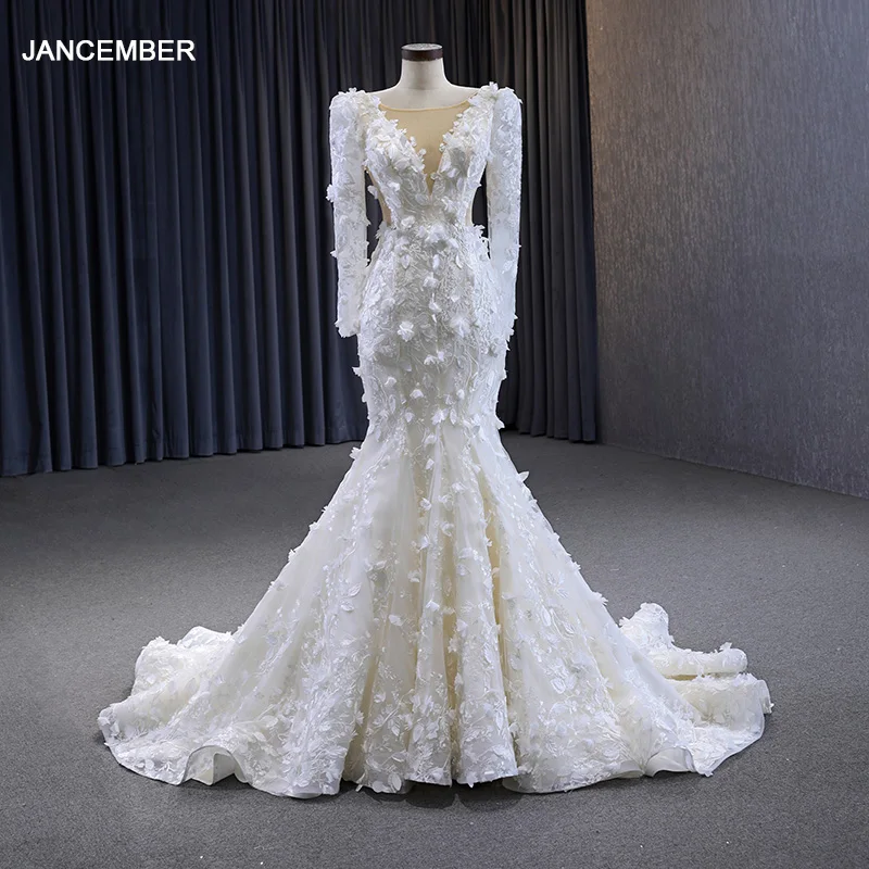 

Великолепное свадебное платье из тюля с длинными рукавами и круглым вырезом; Свадебные платья; RSM231085; Аппликация; Vestido Noiva