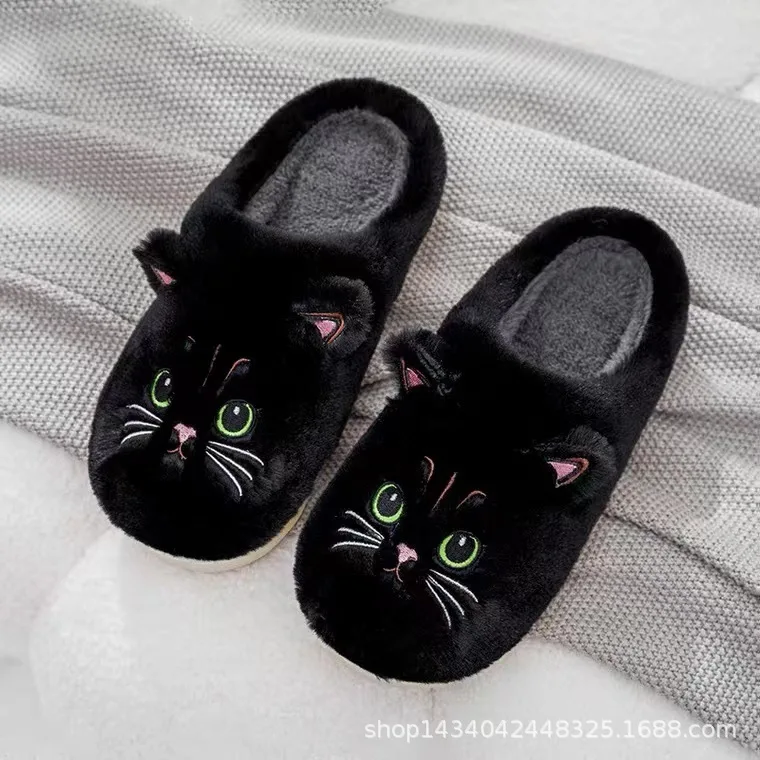 Autumn Winter Cotton Shoes Couple  Cute Cartoon Cat Flat Indoor Women's Slippers Soft Sole Home Warm Plush Man Slippers