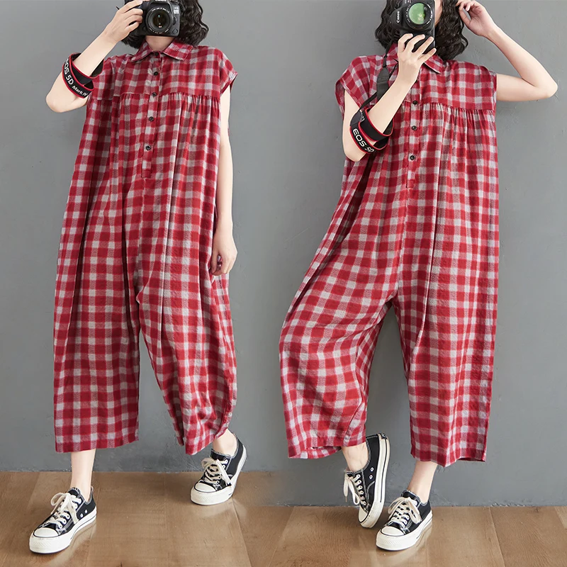 

Женский комбинезон в клетку, элегантный пикантный комбинезон без рукавов, с широкими штанинами, с воротником-поло, модель 2024 года, T156