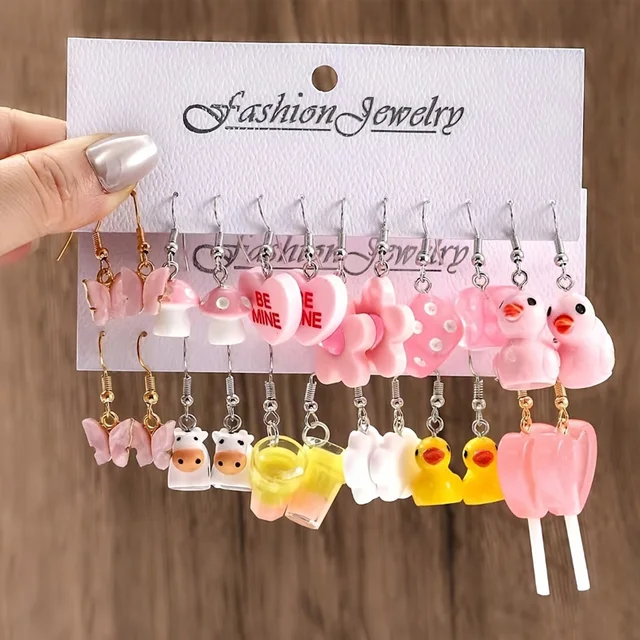 12 Pairs/ Set Cute Cartoon Series Dangle Earrings Duck Dice DuckMushroom Butterfly Cow Design Ear Jewelry Female Gift 1