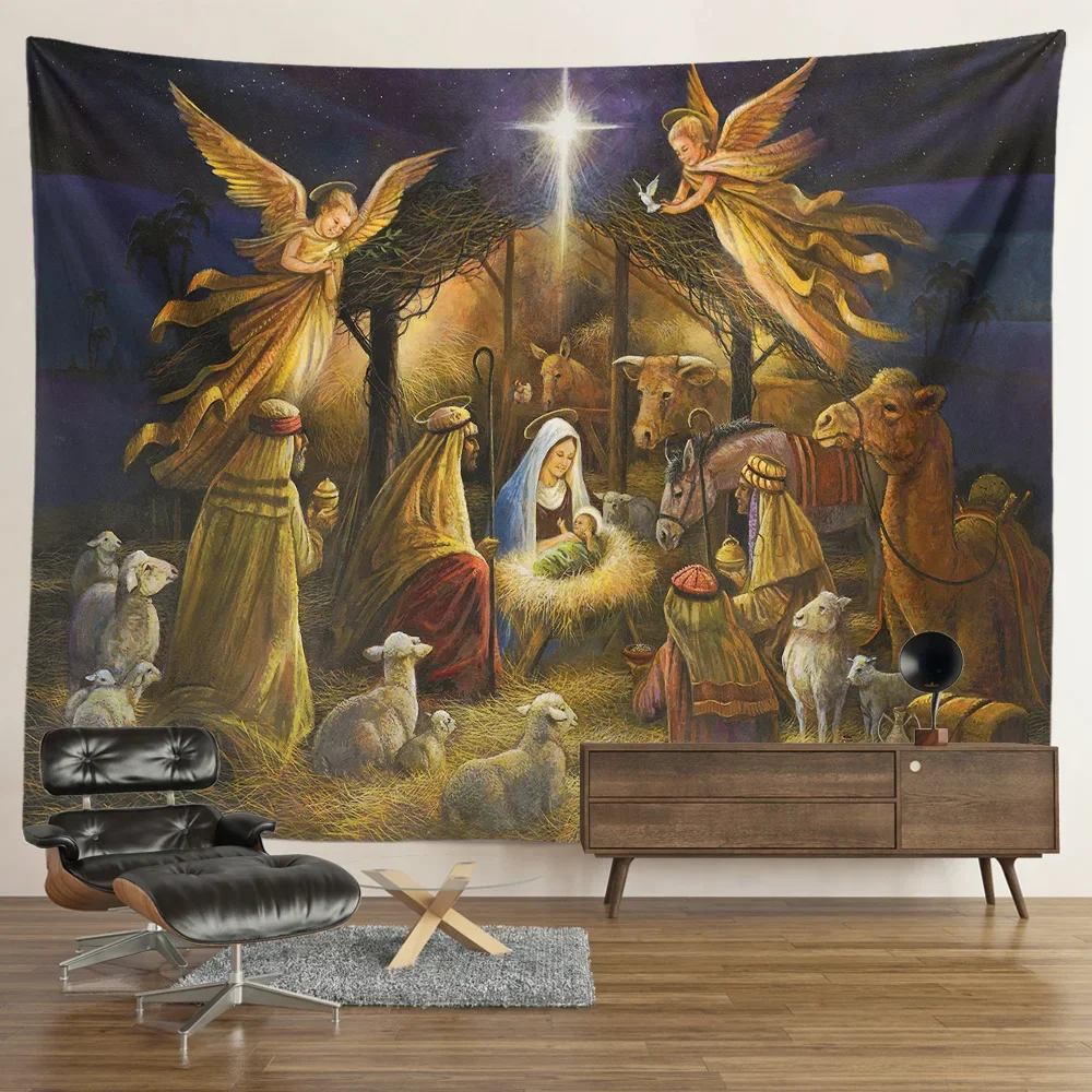 Nativity hanging angel tapestry Jesus birth manger barn wall hanging Easter Christmas decoration Christ tapestry aesthetic tapestry decor wall flag decor