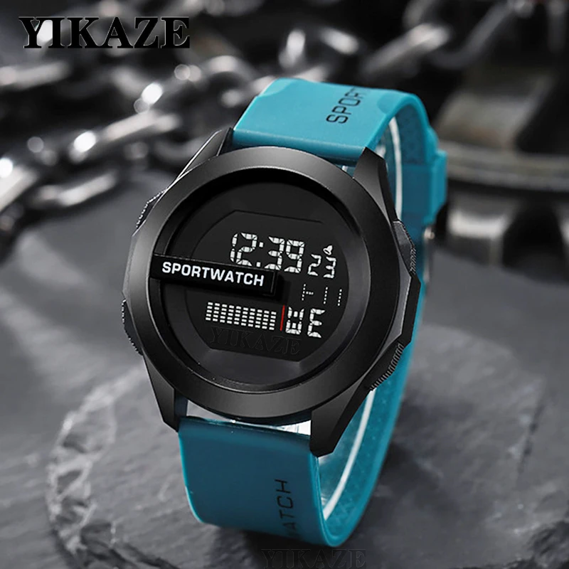 YIKAZE Men's Sports Watch Big Dial Military Men Digital LED Watch Multifunction Clock Fitness Timekeeping Electronic Wristwatch